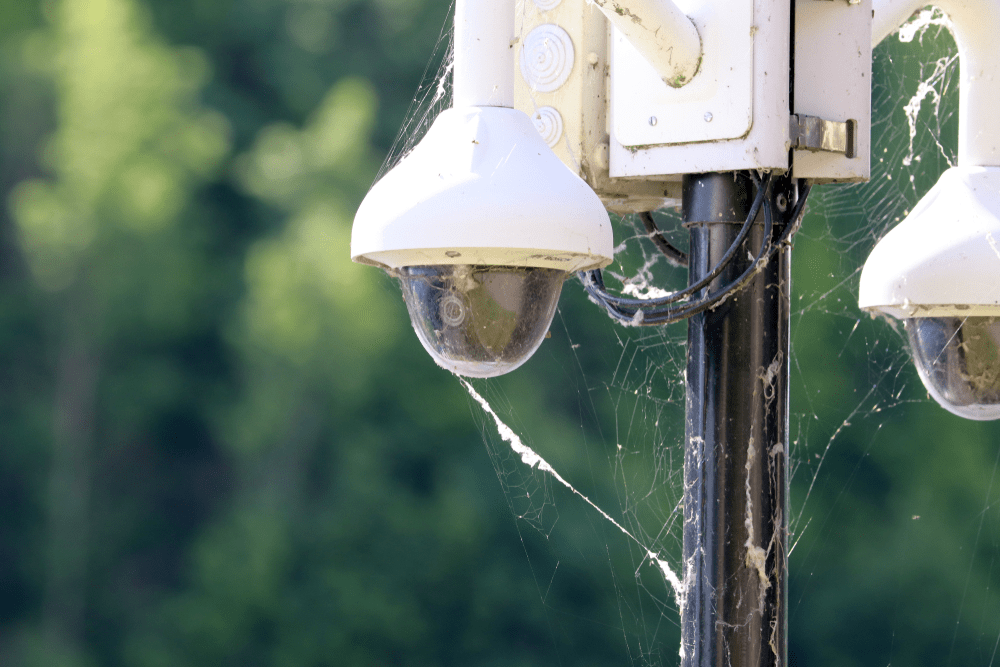 protecting battery operated outdoor security cameras from spider webs